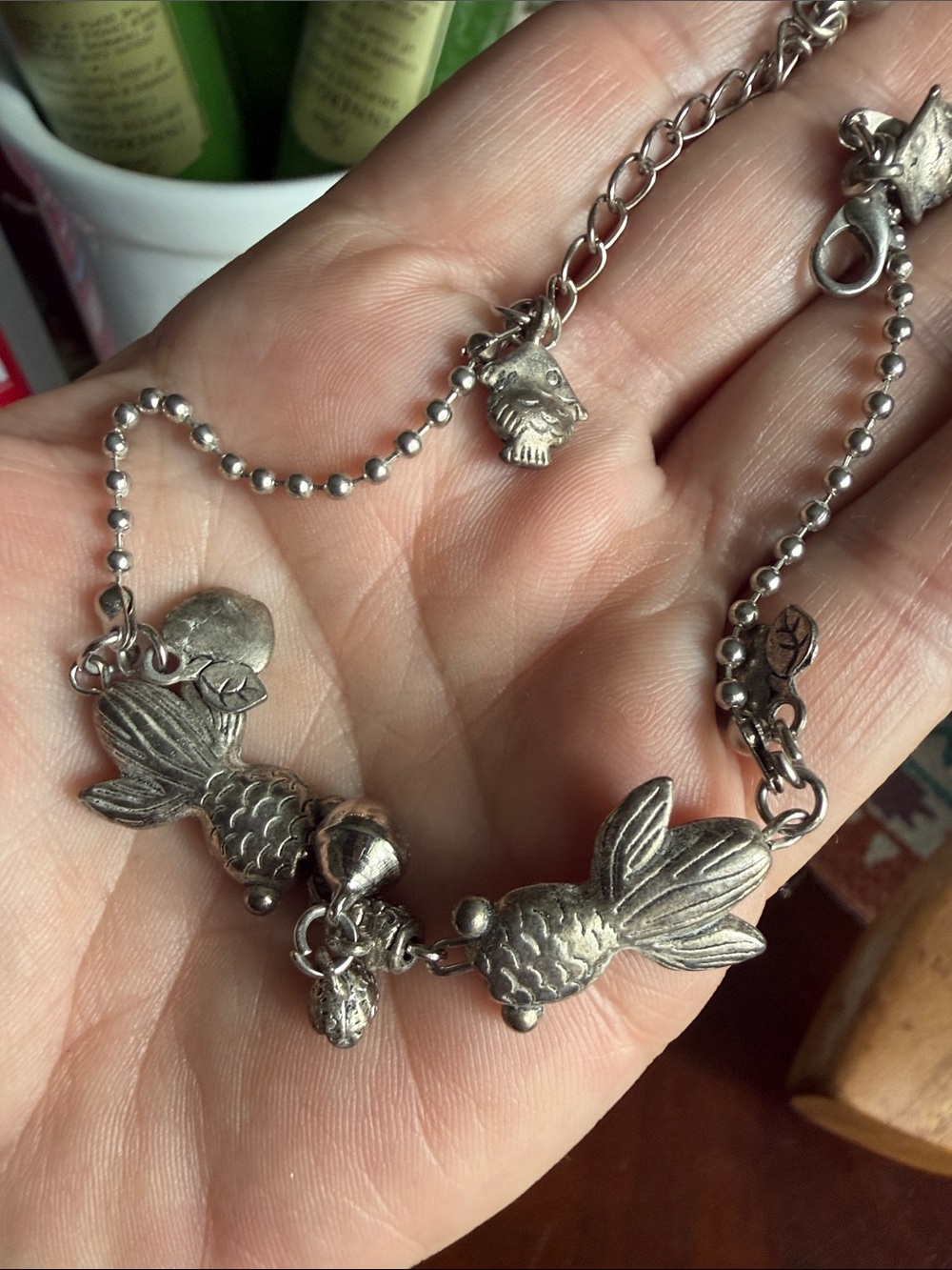 Vintage Silvertone Feng Shui Koi Fish Charm Anklet Boho